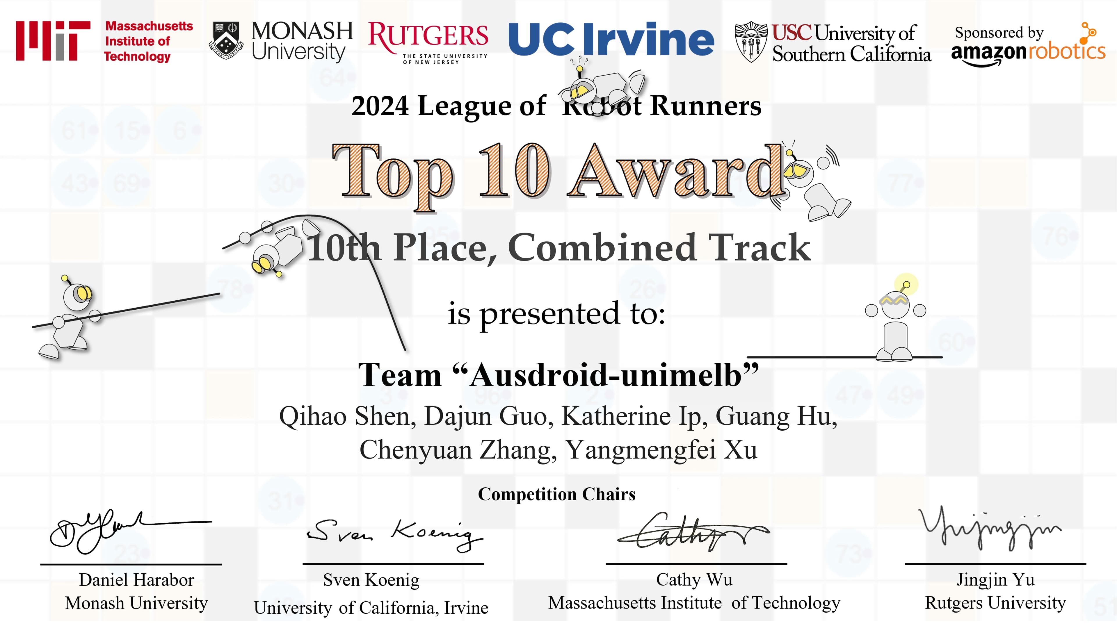 League of Robot Runners certificate for Ausdroid’s tenth place in the Combined Track