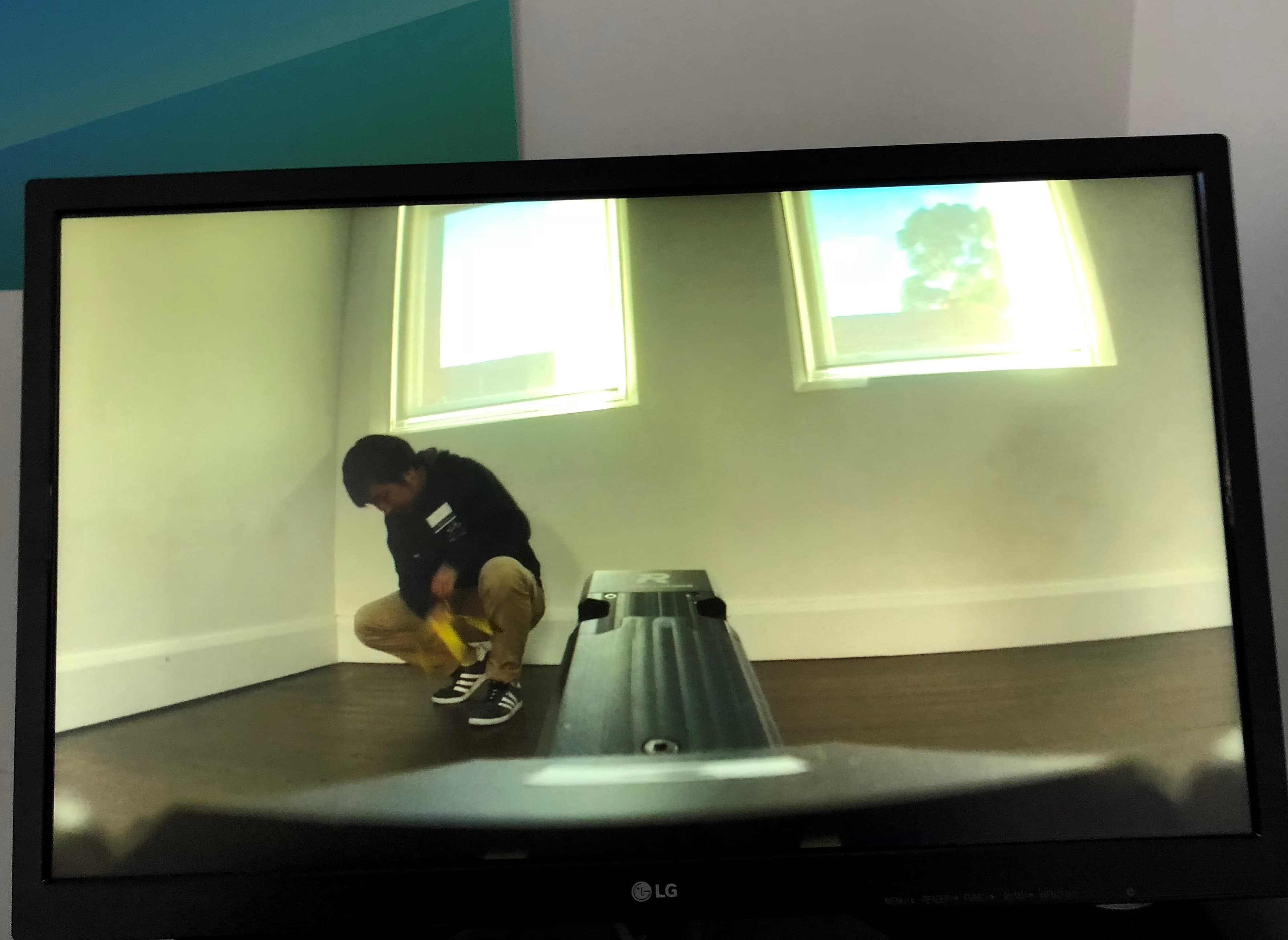 A monitor showing the view from the robot’s camera